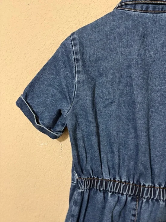 Lucy & Yak Ragan Blue Cotton Denim Short-Sleeve Wide-Leg Zip Up Jumpsuit Side 4 - Picture 13 of 16
